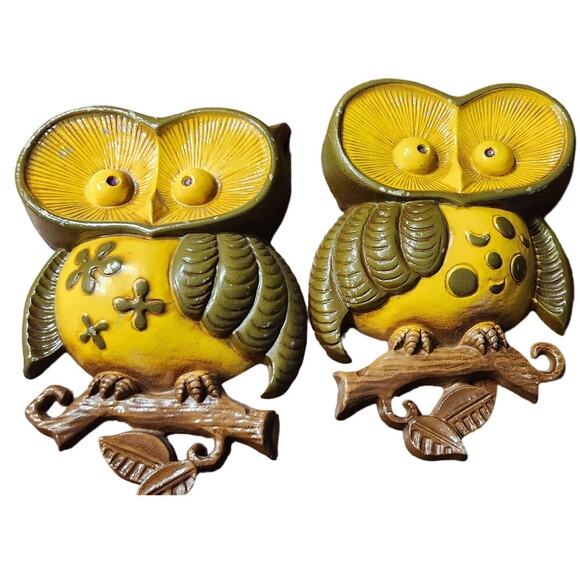 Pair Retro Sexton‎ USA Owl Wall Plaque #970 Set Cast Metal 70s Avocado Green VTG - Picture 1 of 15